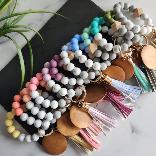 Silicone Bead Keychain Bracelet with Wood Disc
