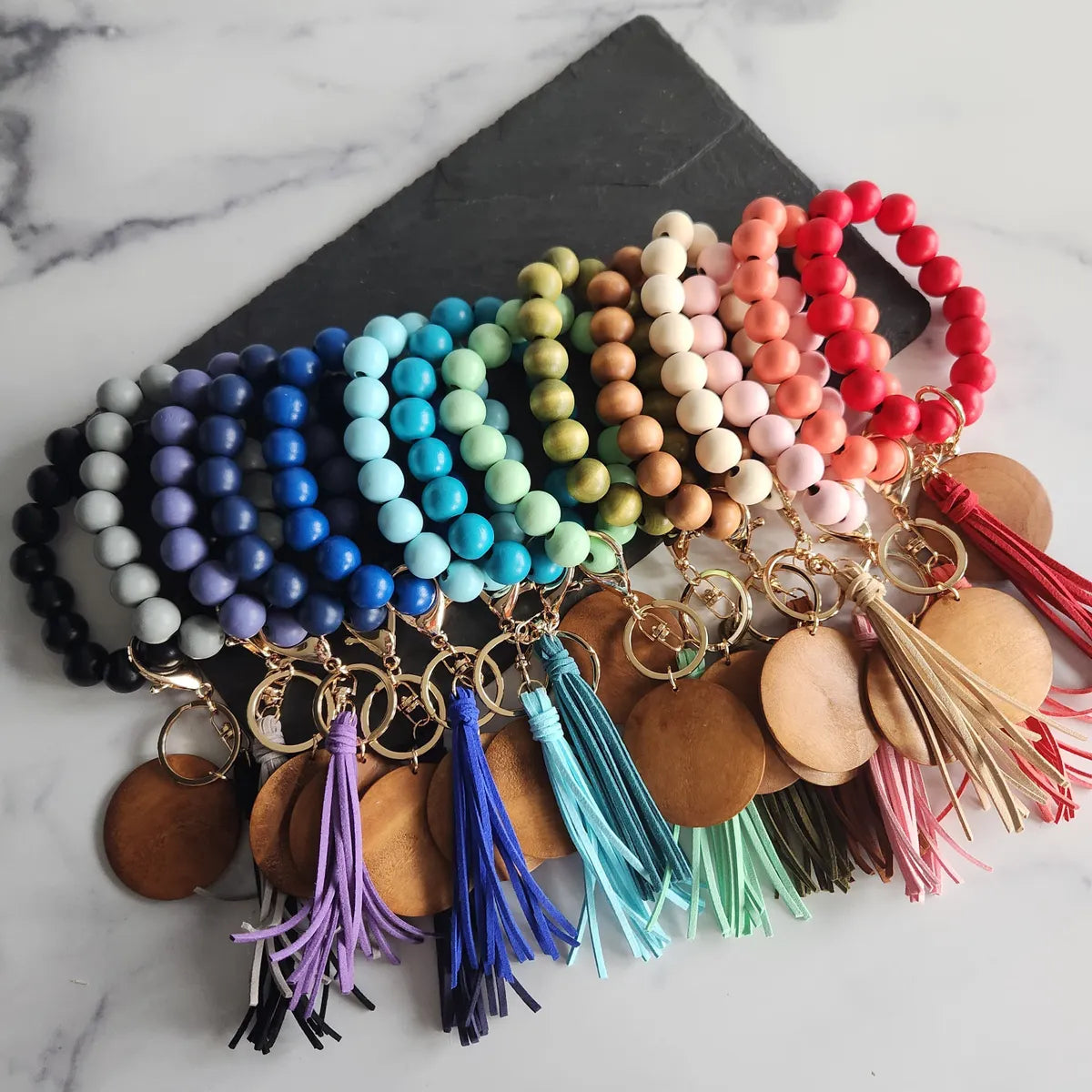 Wood Bead Keychain with Wood Disc